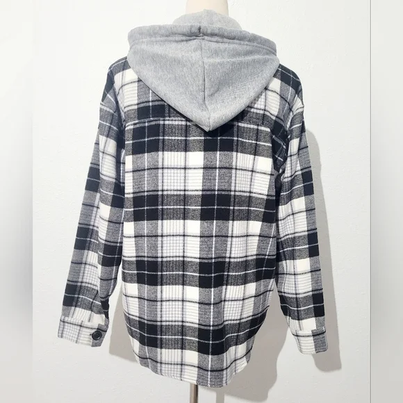 Women’s Plaid Hooded Shacket Jacket Button Up Gray Black Size Medium - Picture 6 of 11